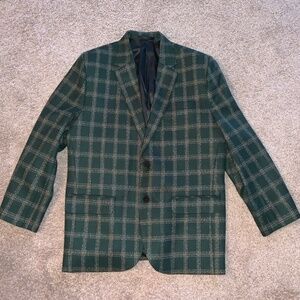 Blazer Sport Coat Mens Windowpane Plaid Checks Green Tan Studio Suits, 42S 40S